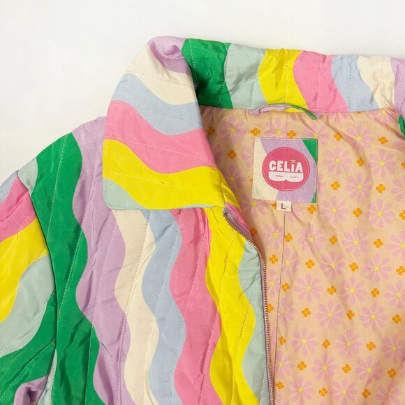 Celia B squiggly rainbow stripe quilted Juniper Coat size Large - Picture 3 of 10